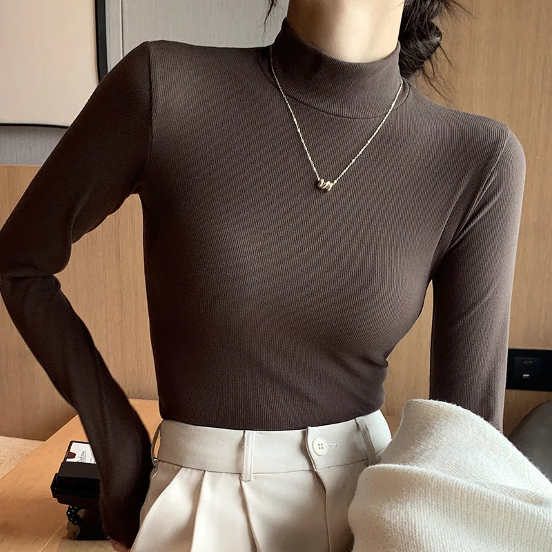 Women's Knitted Half-Turtleneck Pullover Sweater Elegant Korean Fashion Long-Sleeve Top Slim Fit Thermal Jumper Casual Knitwear