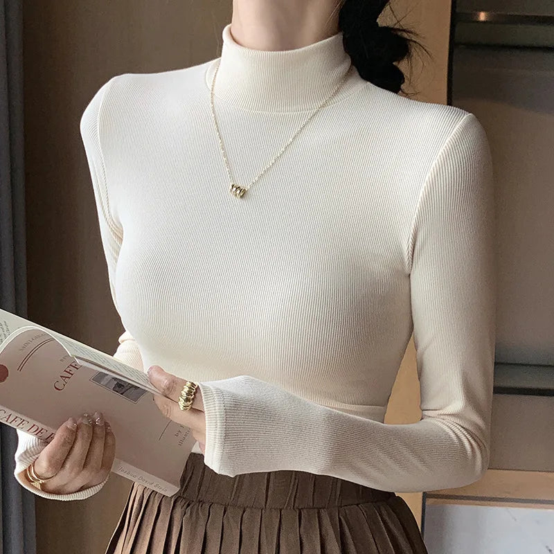 Women's Knitted Half-Turtleneck Pullover Sweater Elegant Korean Fashion Long-Sleeve Top Slim Fit Thermal Jumper Casual Knitwear
